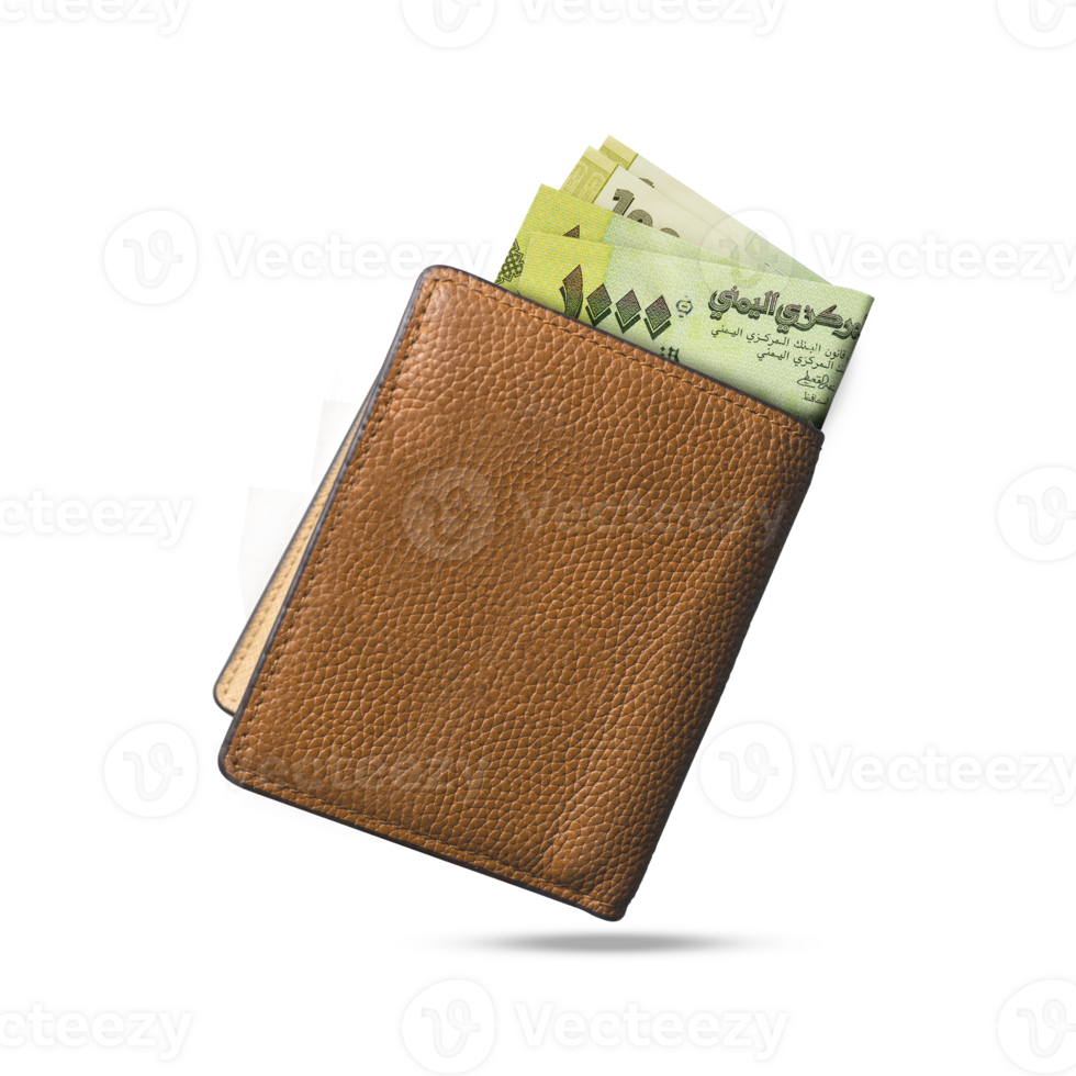 3D rendering of Yemeni rial notes popping out of a brown leather men's wallet. Yemeni rial in wallet png