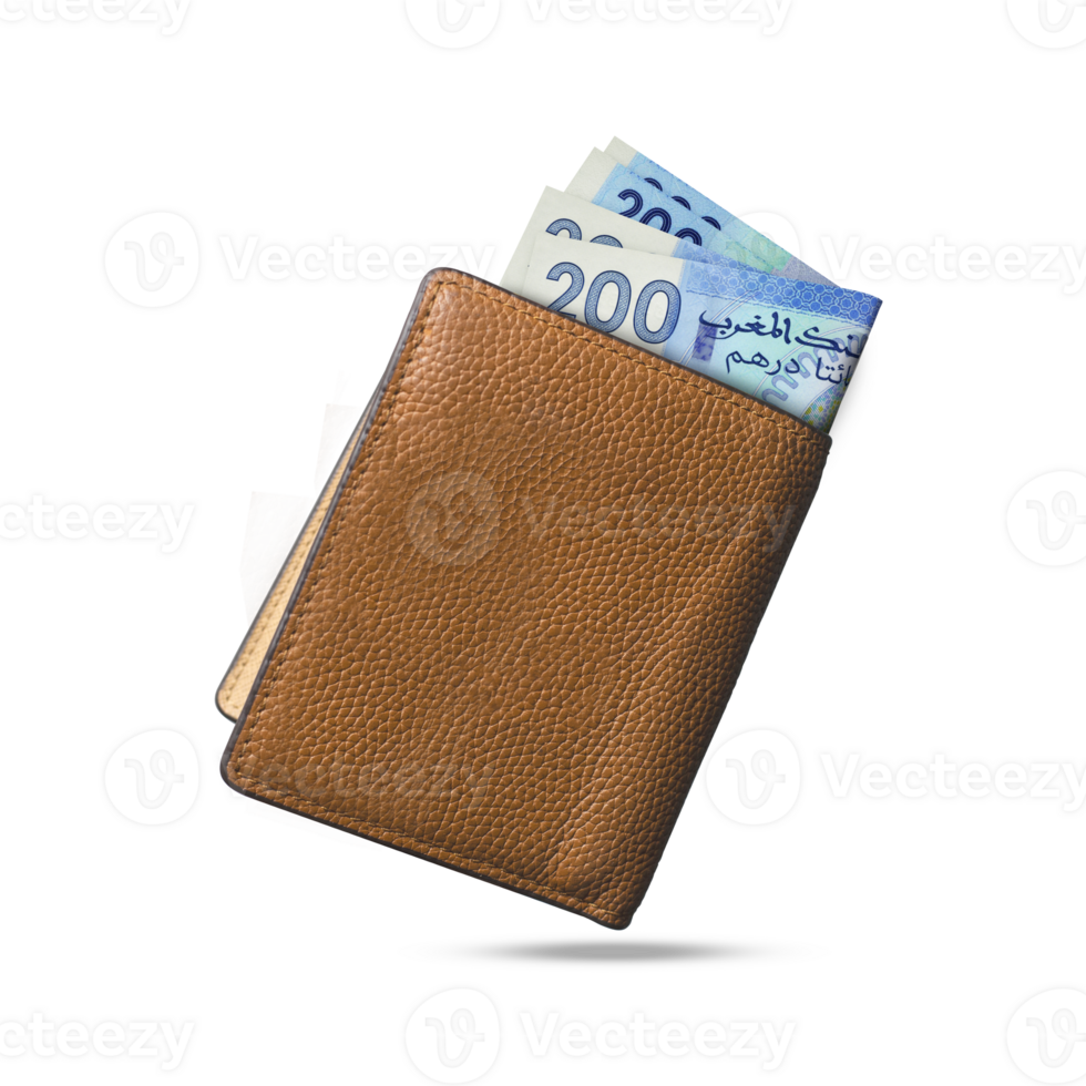 3D rendering of Moroccan dirham notes popping out of a brown leather men's wallet. Moroccan dirhams in wallet png