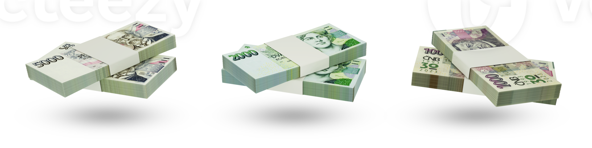Set of stacks of Czech Koruna notes in different denominations. 3d rendering png