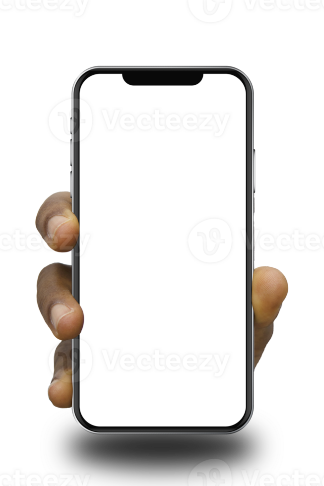 Black hand holding phone facing camera isolated on transparent background. blank screen, phone screen mockup, front view, clipping path, mask, set png