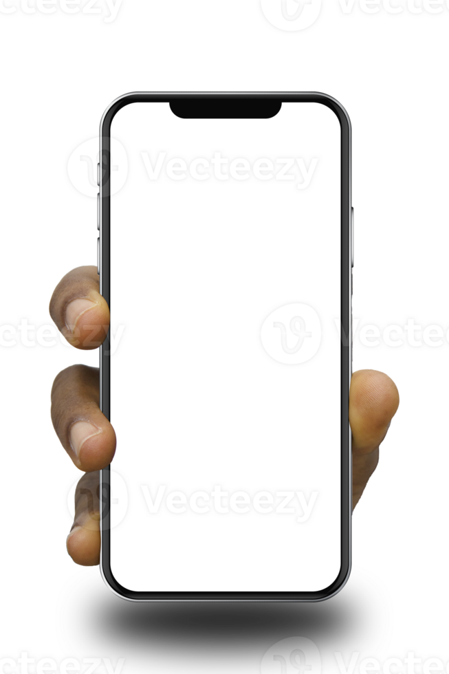 nero mano Tenere Telefono di fronte telecamera isolato su trasparente sfondo. vuoto schermo, Telefono schermo modello, davanti Visualizza, ritaglio sentiero, maschera, impostato png