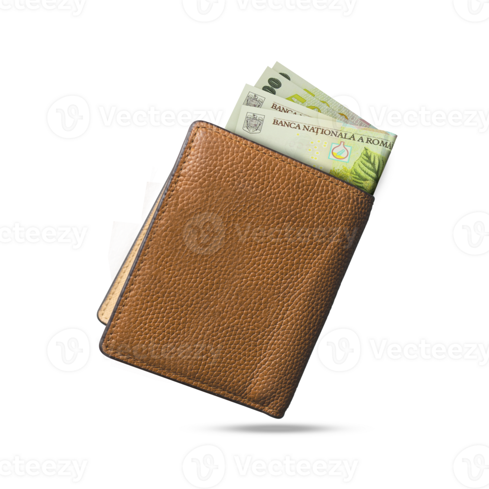 3D rendering of Romanian Leu notes popping out of a brown leather men's wallet. Romanian Leu in wallet png