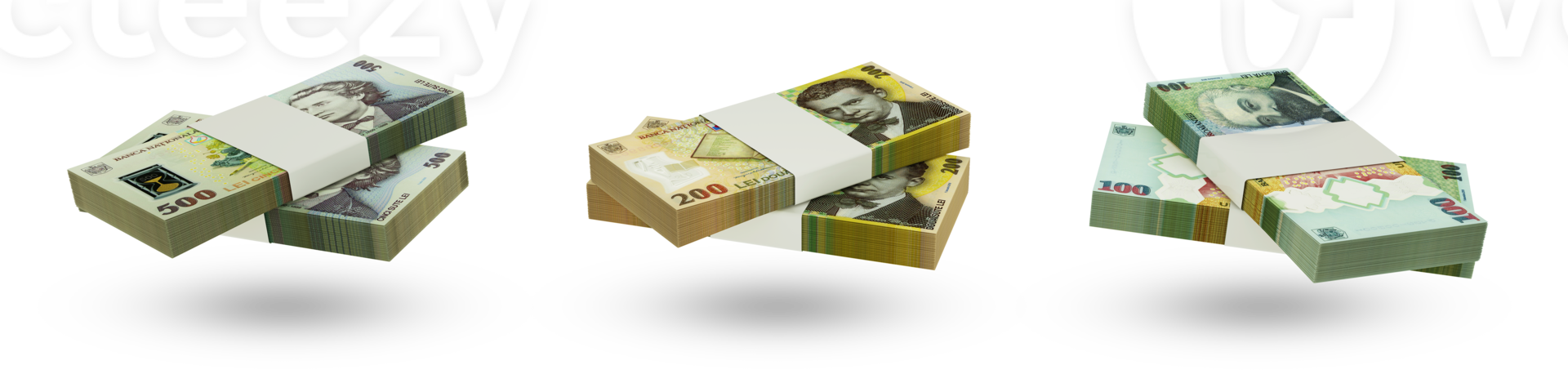 Set of stacks of Romanian leu notes in different denominations. 3d rendering png