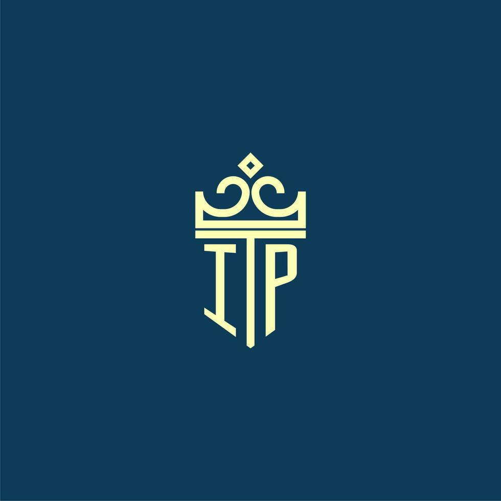 IP initial monogram shield logo design for crown vector image