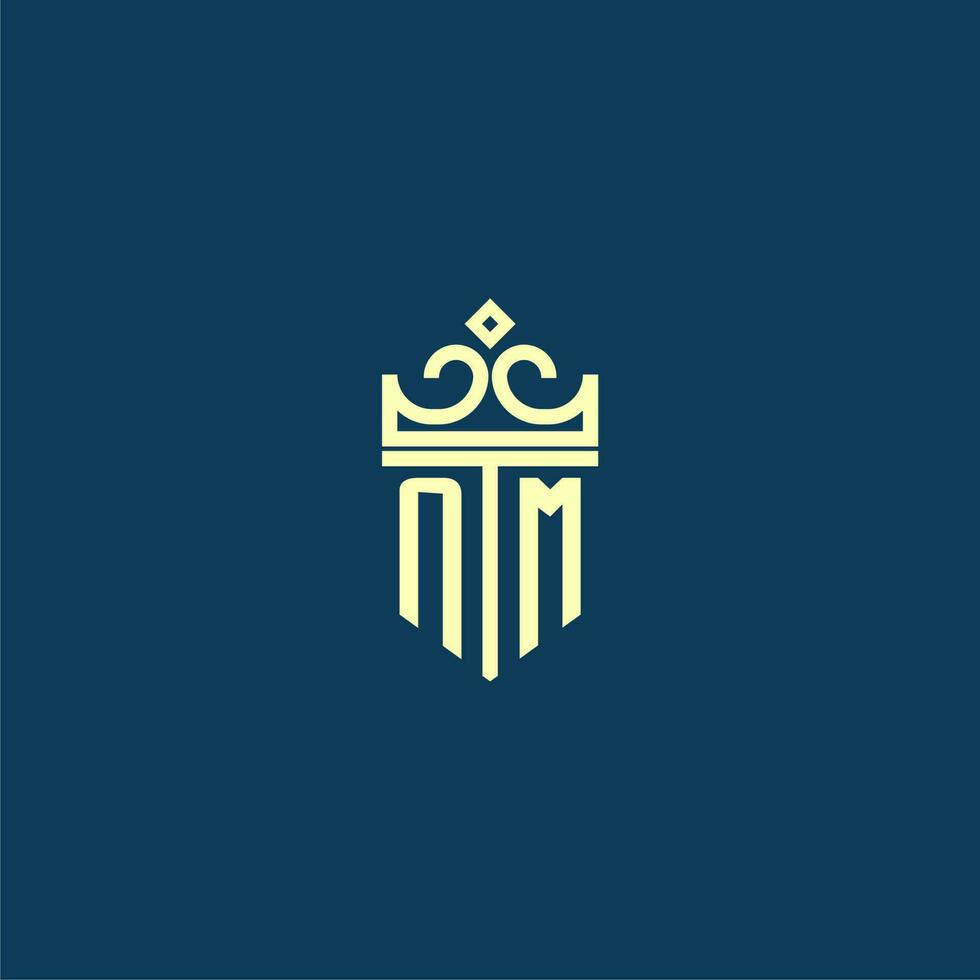 NM initial monogram shield logo design for crown vector image