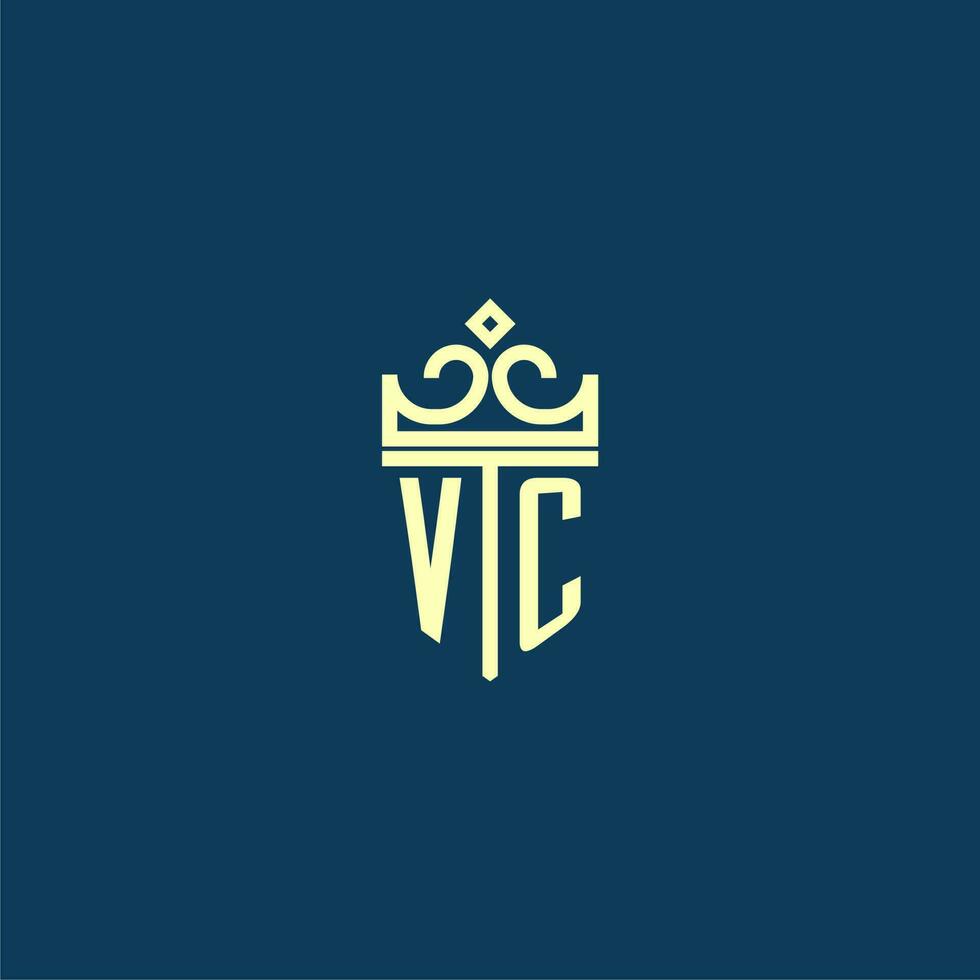 VC initial monogram shield logo design for crown vector image