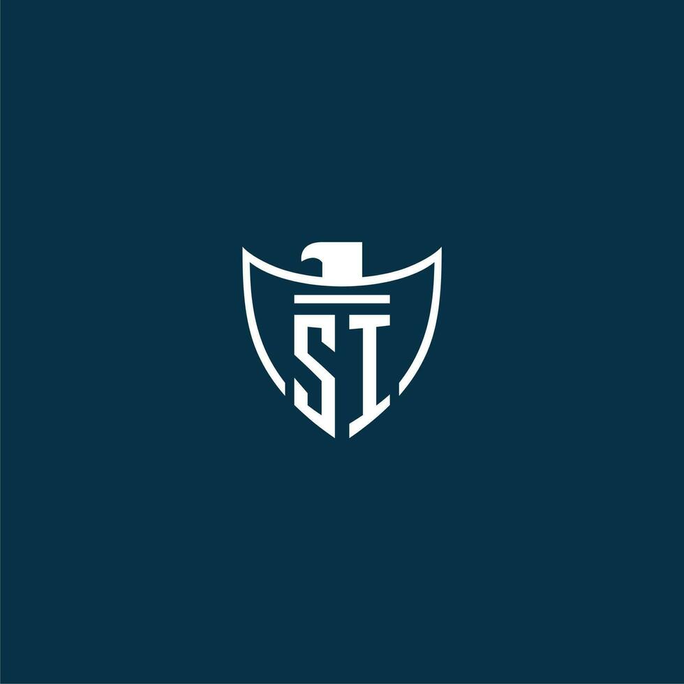 SI initial monogram logo for shield with eagle image vector design