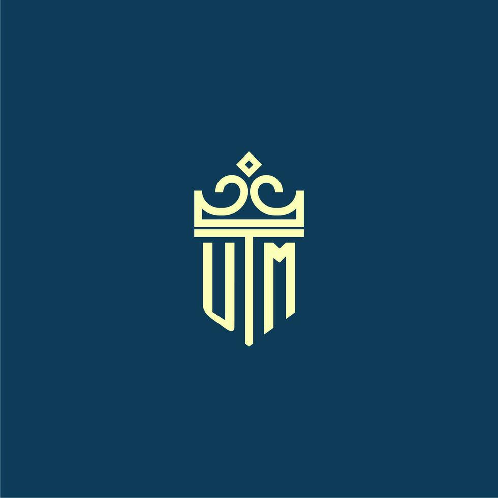 UM initial monogram shield logo design for crown vector image