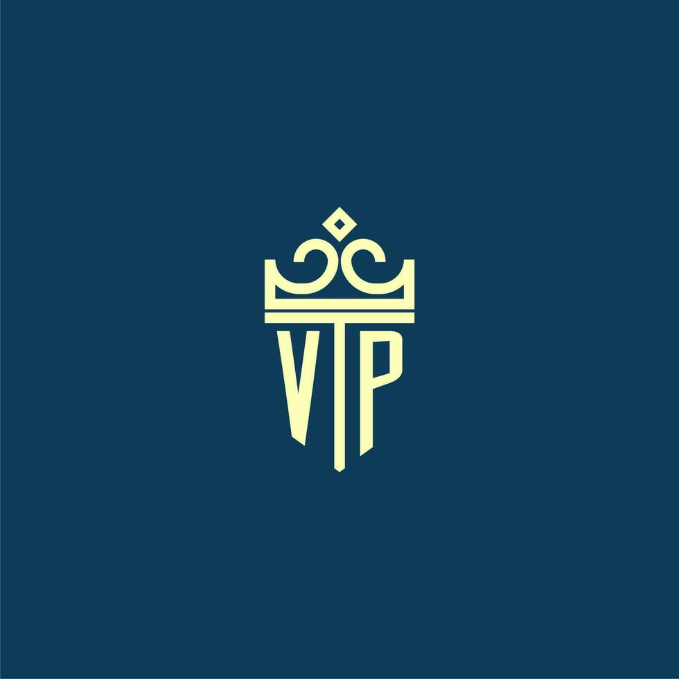 VP initial monogram shield logo design for crown vector image