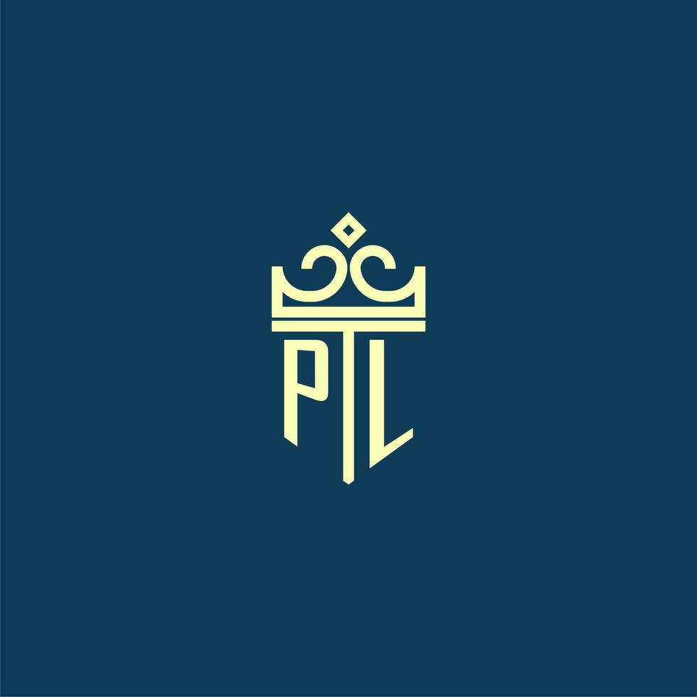 PL initial monogram shield logo design for crown vector image