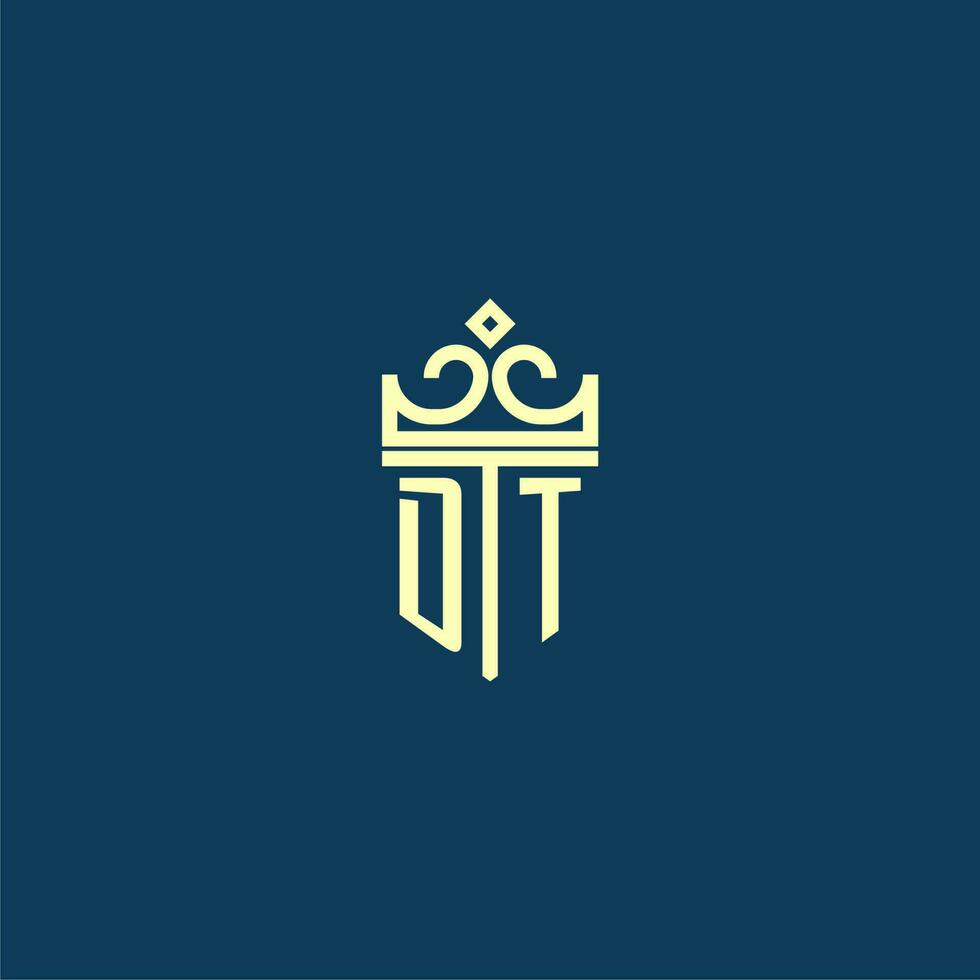 DT initial monogram shield logo design for crown vector image