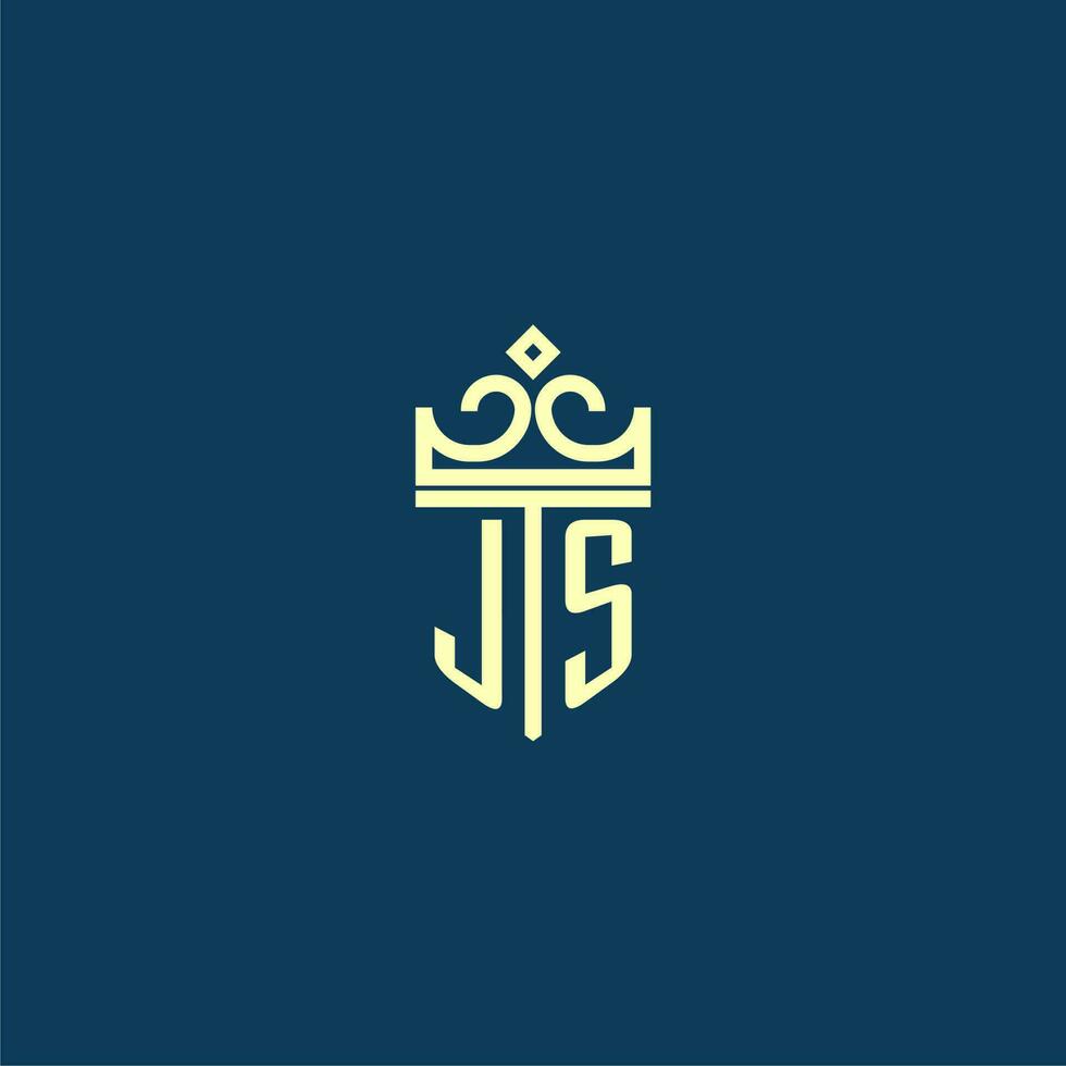 JS initial monogram shield logo design for crown vector image