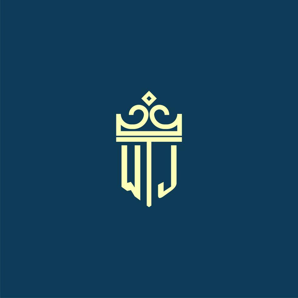 WJ initial monogram shield logo design for crown vector image
