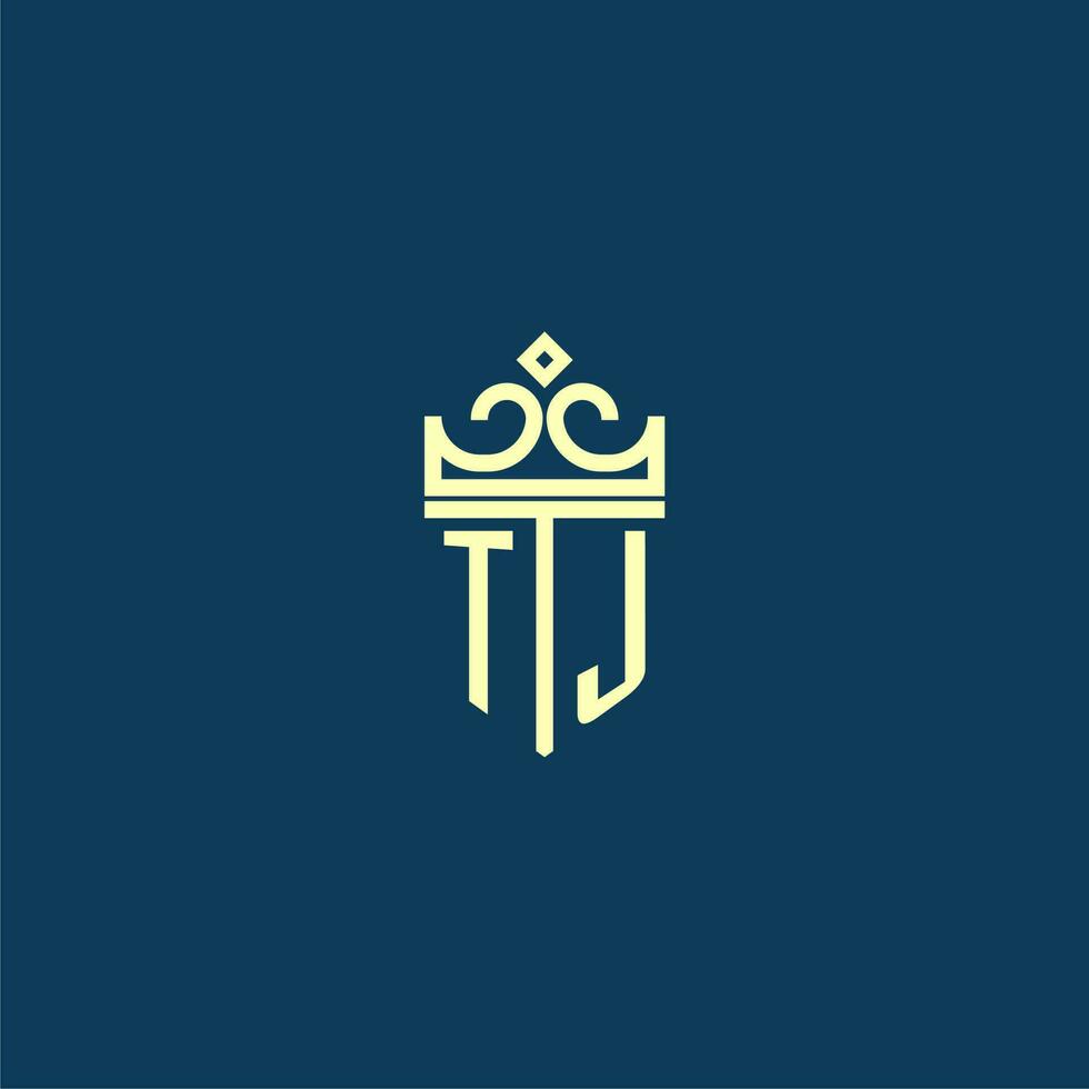 TJ initial monogram shield logo design for crown vector image