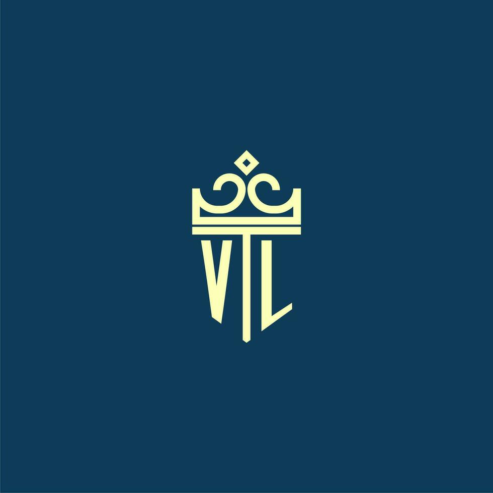 VL initial monogram shield logo design for crown vector image