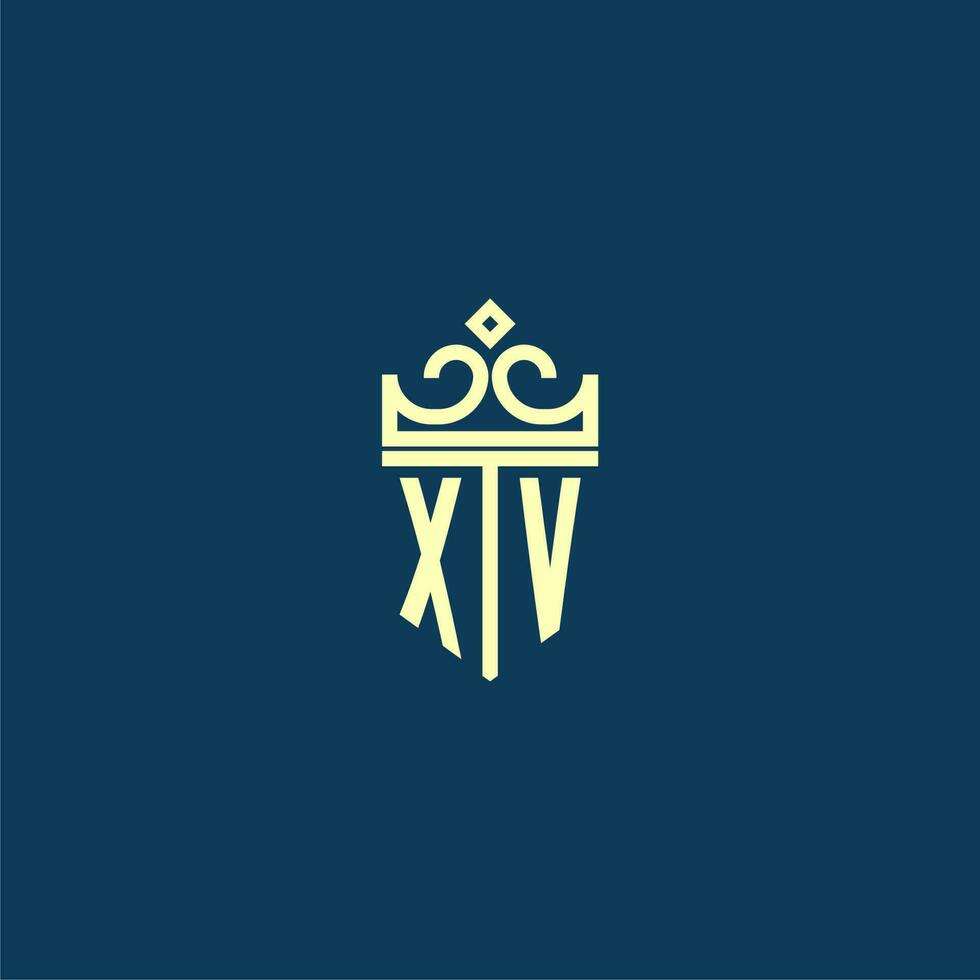 XV initial monogram shield logo design for crown vector image