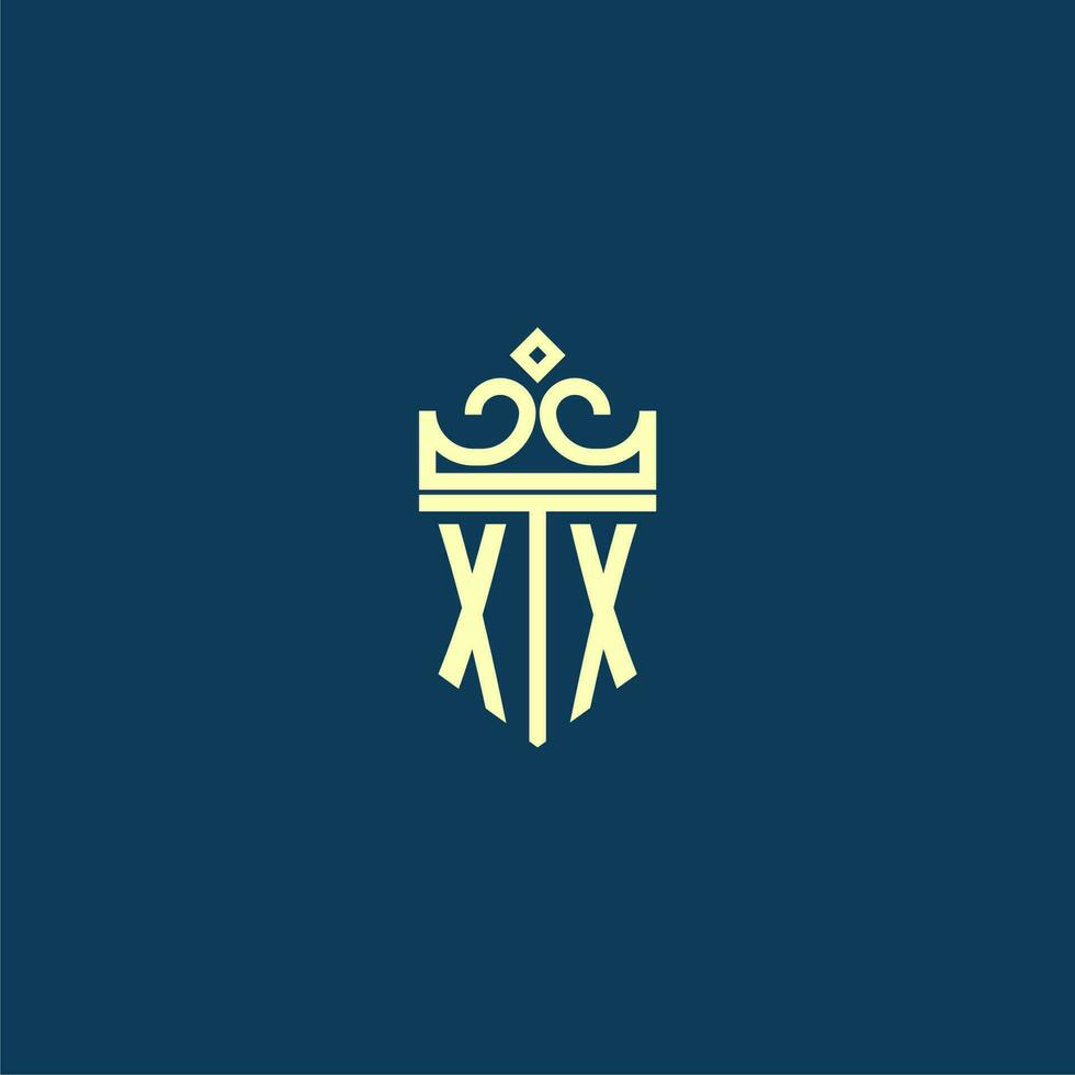 XX initial monogram shield logo design for crown vector image