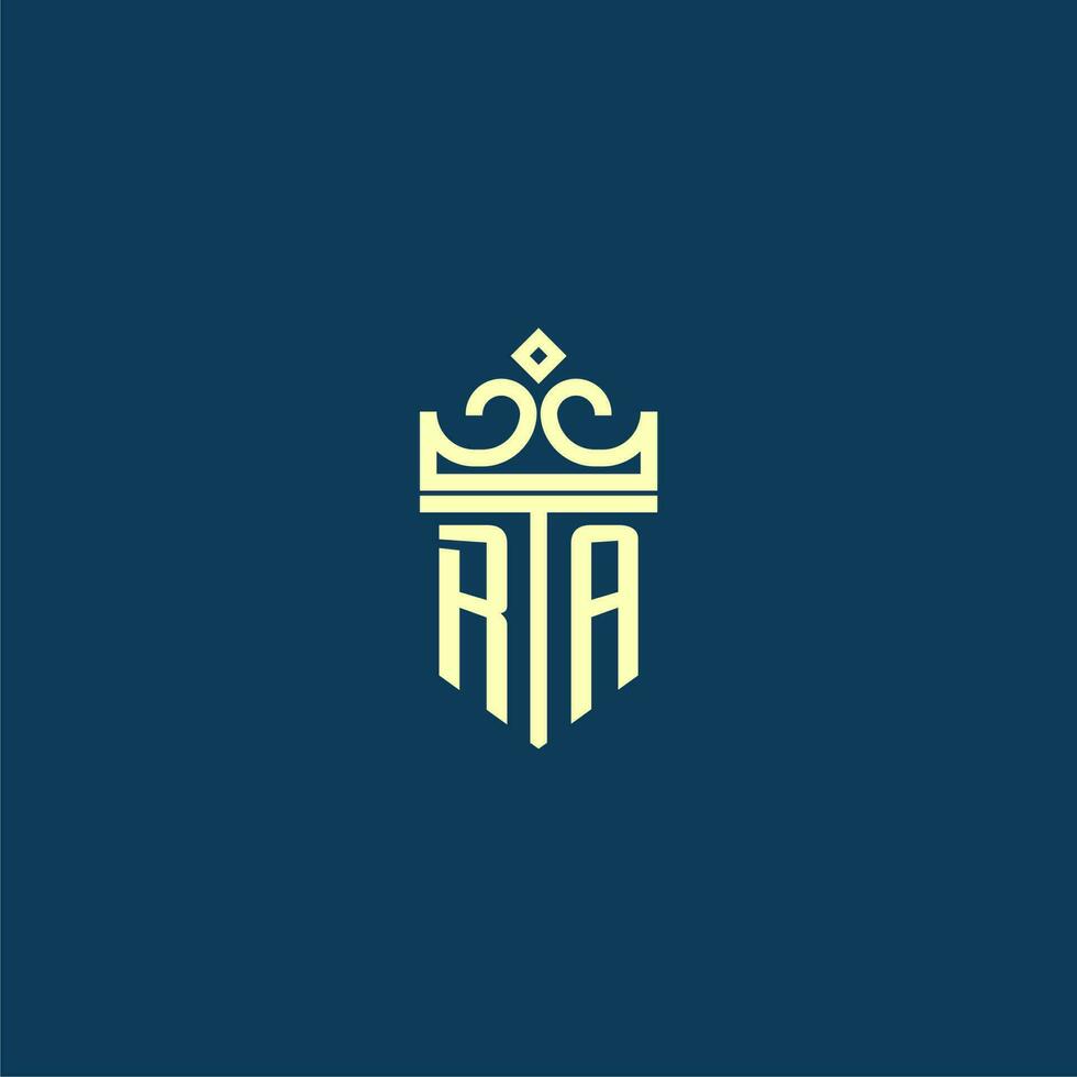 RA initial monogram shield logo design for crown vector image