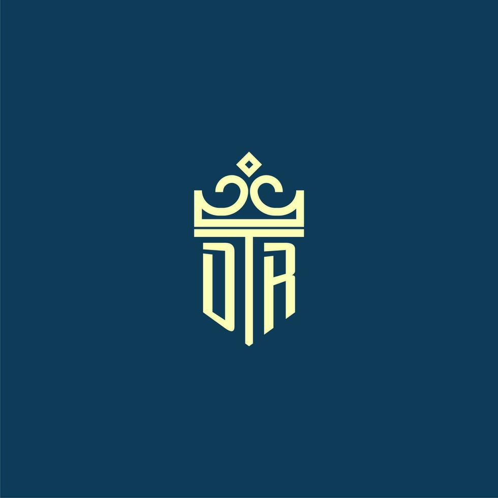 DR initial monogram shield logo design for crown vector image