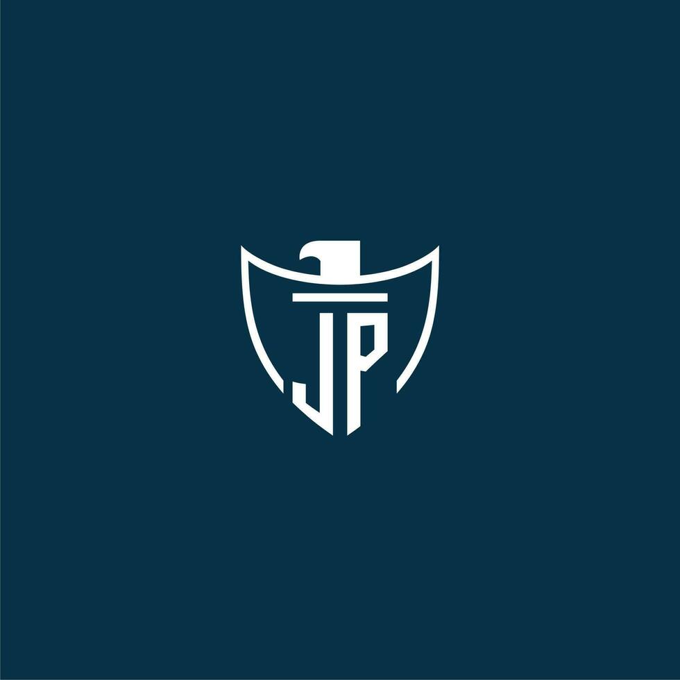 JP initial monogram logo for shield with eagle image vector design