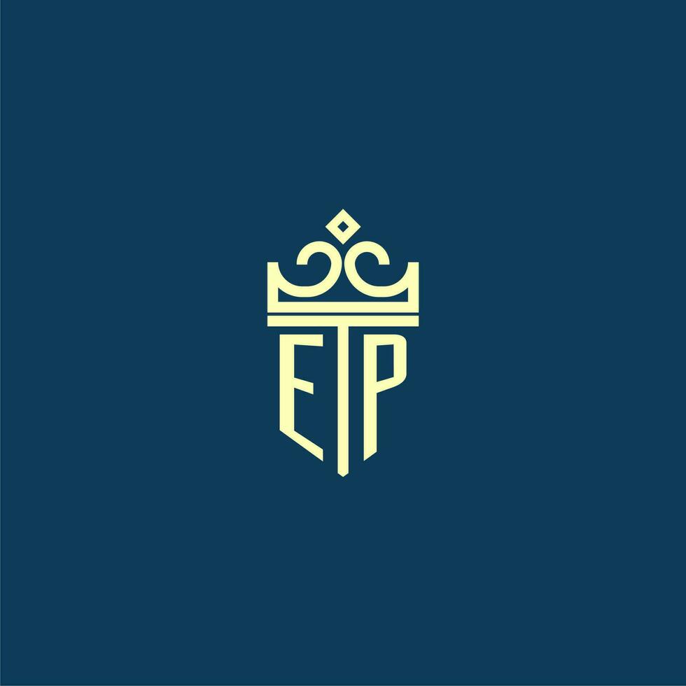 EP initial monogram shield logo design for crown vector image