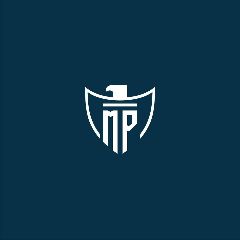 MP initial monogram logo for shield with eagle image vector design
