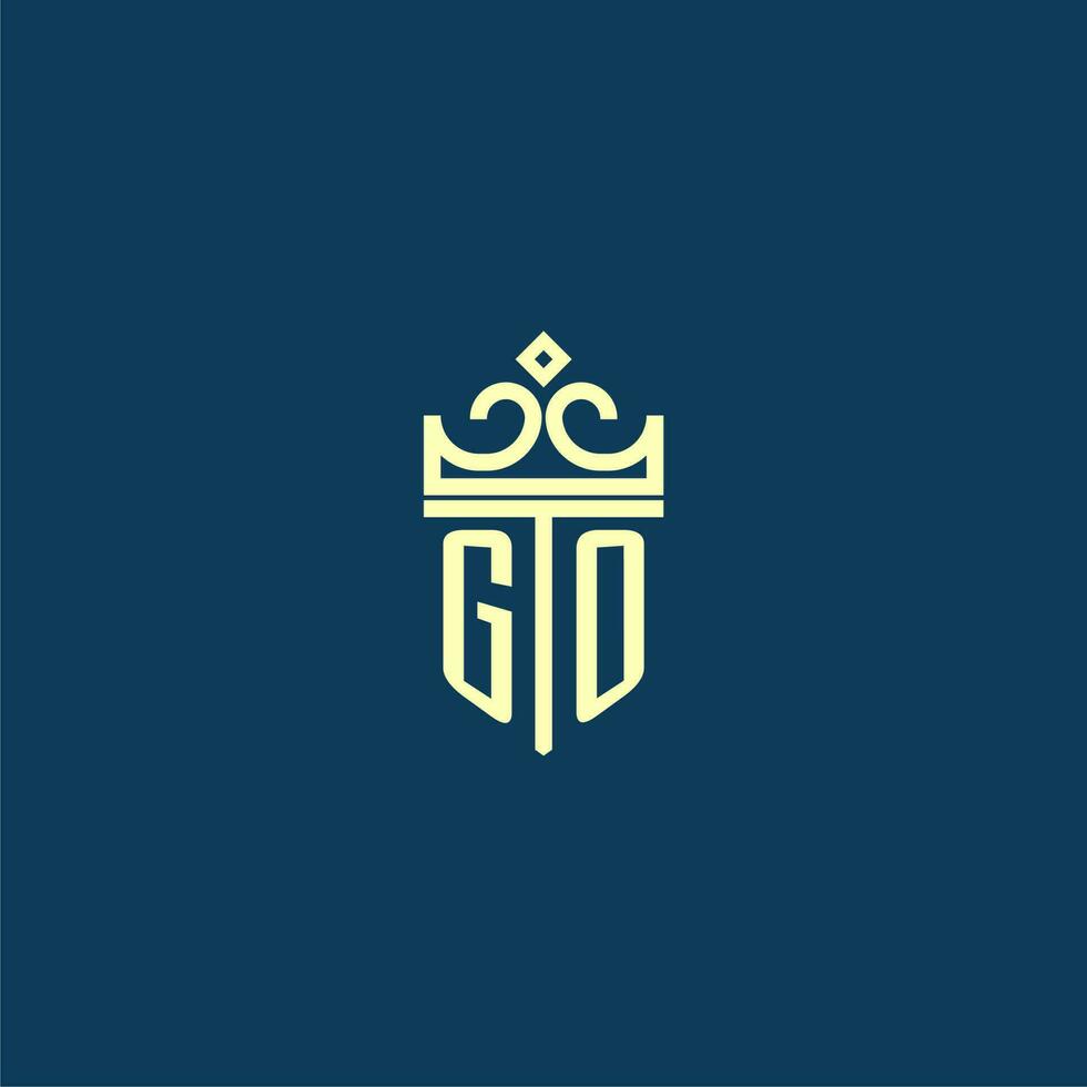 GO initial monogram shield logo design for crown vector image