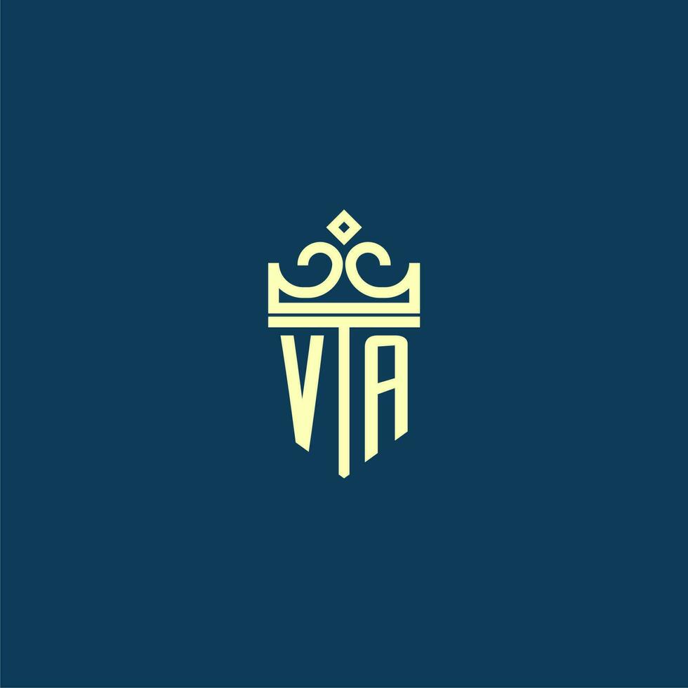 VA initial monogram shield logo design for crown vector image