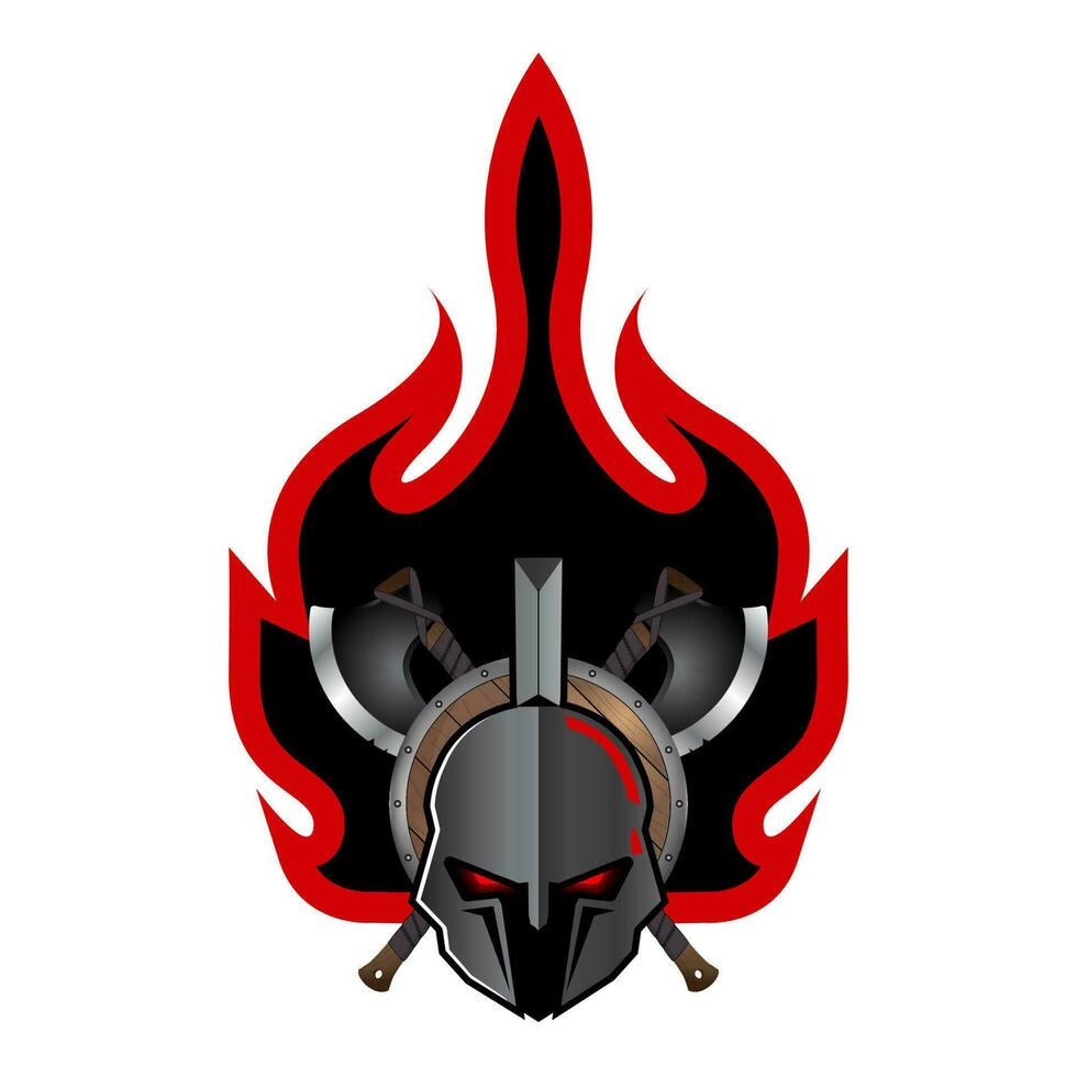 proteger, hacha y casco de el espartano guerrero símbolo. espartano guerrero e-sport emblema logo con fuego ardiente detrás vector