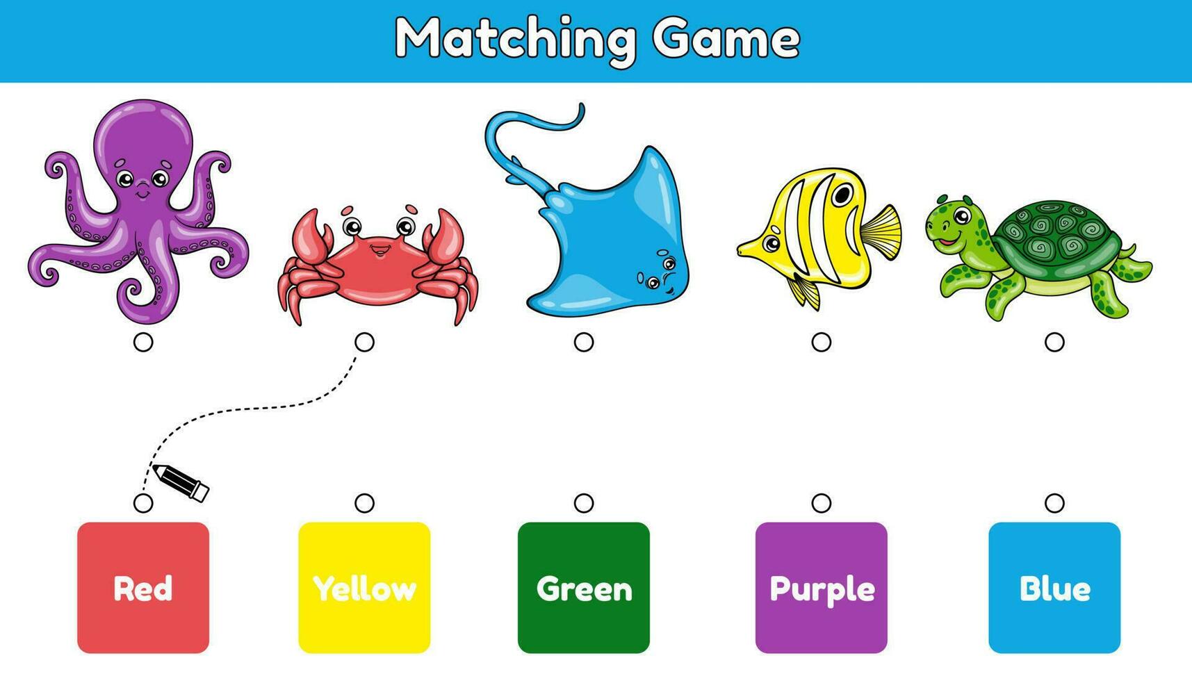 Matching educational game for children. Match sea animals and colors.  Activity for kids. Worksheet for preschool and school education. Vector cartoon cute octopus, crab, stingray, fish and turtle.