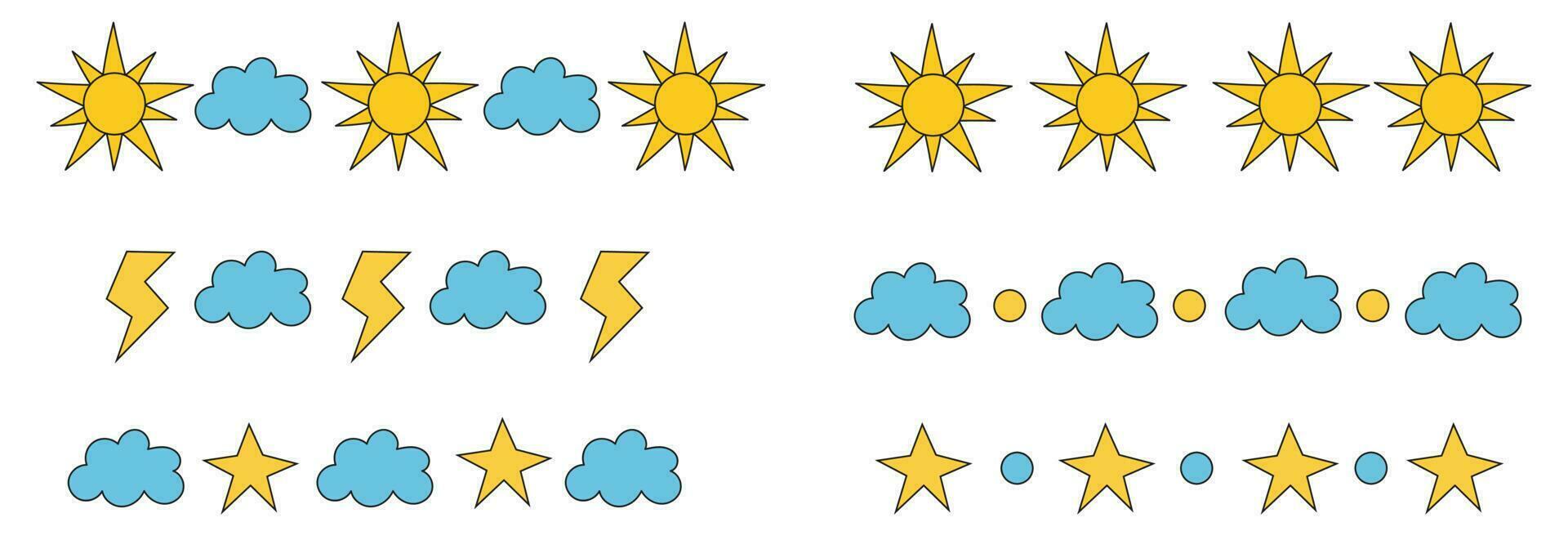 Doodle dividers weather. Vector ornaments and garlands with decorative elements. Dividers with sun, clouds, stars, lightning, points for notebooks, diary, banners