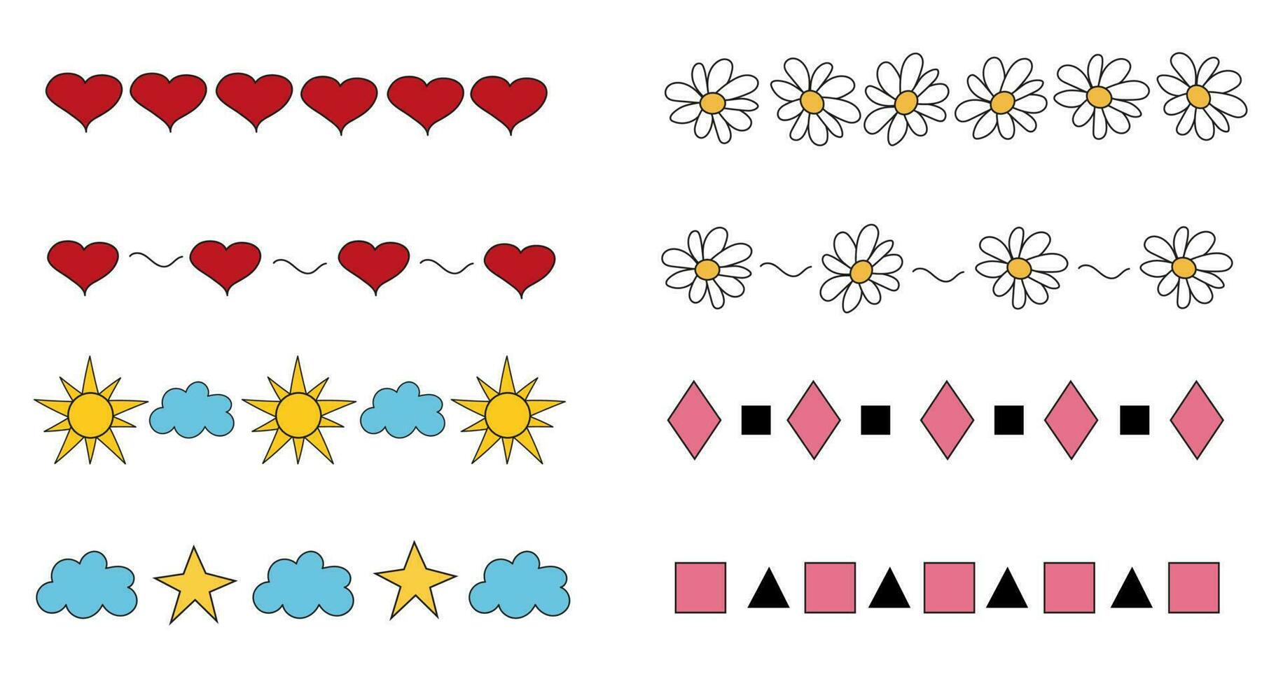 garabatear conjunto divisores con corazón, manzanilla flor, sol, nube, estrella, resumen geometría. vector adornos y guirnaldas con decorativo elementos. divisores colección para cuadernos, diario, pancartas