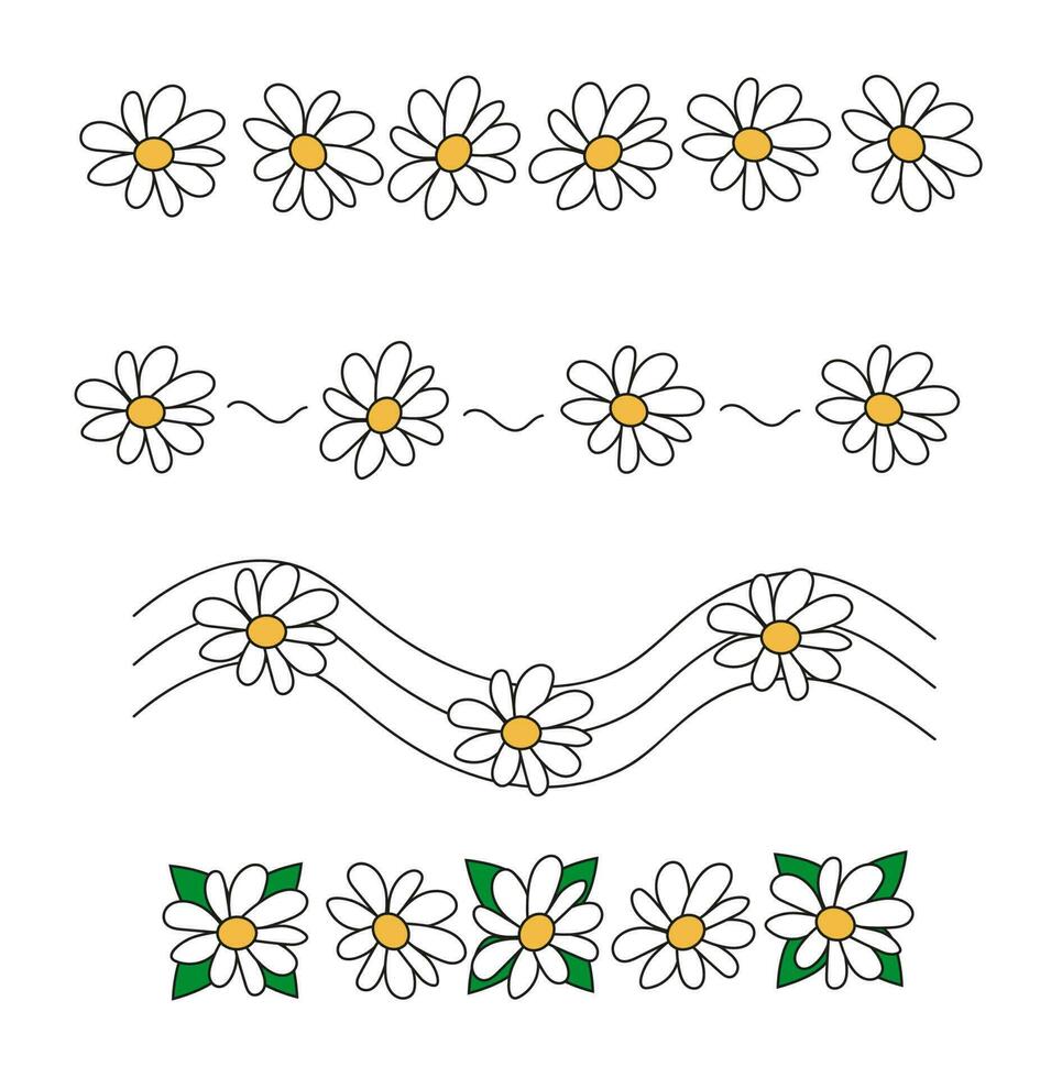 Doodle divider with chamomile. Vector ornaments and garlands with decorative elements. Dividers set flowers for notebooks, diary, banners