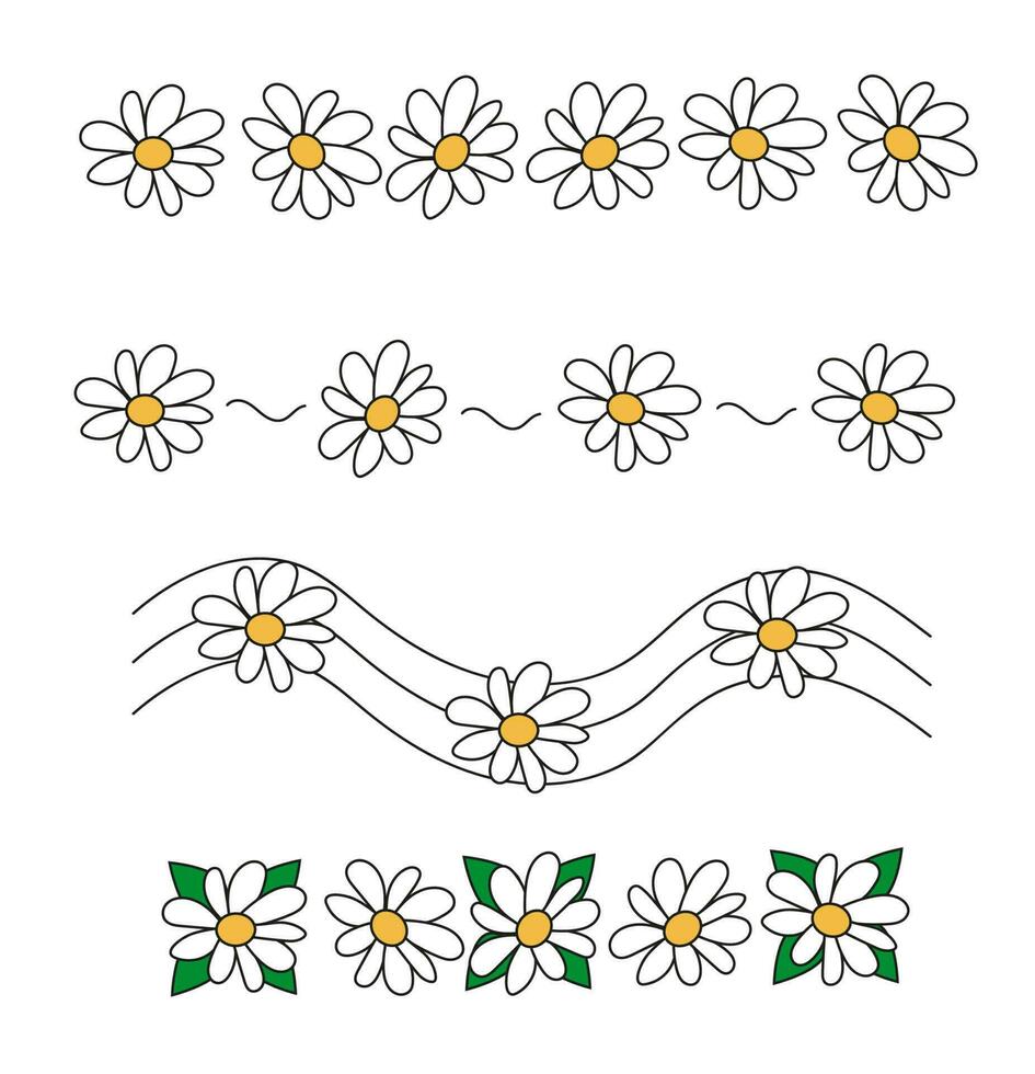 Doodle divider with chamomile. Vector ornaments and garlands with decorative elements. Dividers set flowers for notebooks, diary, banners