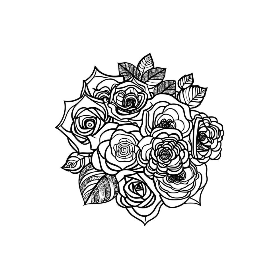 Bouquet of rose hand drawn pencil sketch, coloring page, and book, Rose flower outline, illustration ink art. rose vector art.