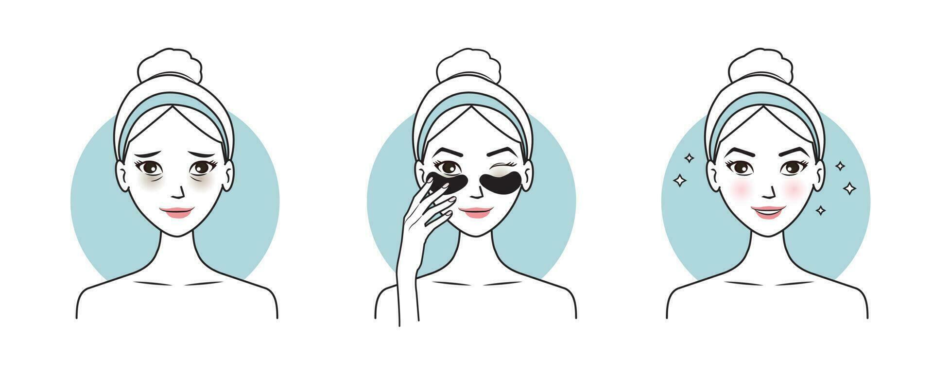 Direction for use eye mask treatment vector illustration isolated on white background. Cute woman apply eye patches to treat under eye bags, reduce dark circles, puffiness, dryness, crow feet lines.