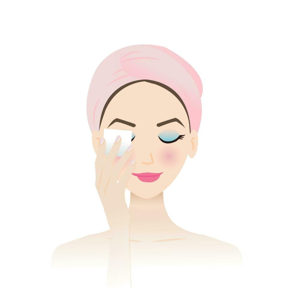 Cute woman remove makeup from face vector on white background. Step of makeup removal with remover cotton pad, removing eye makeup, foundation, blush and lip color. Skin care and beauty concept.