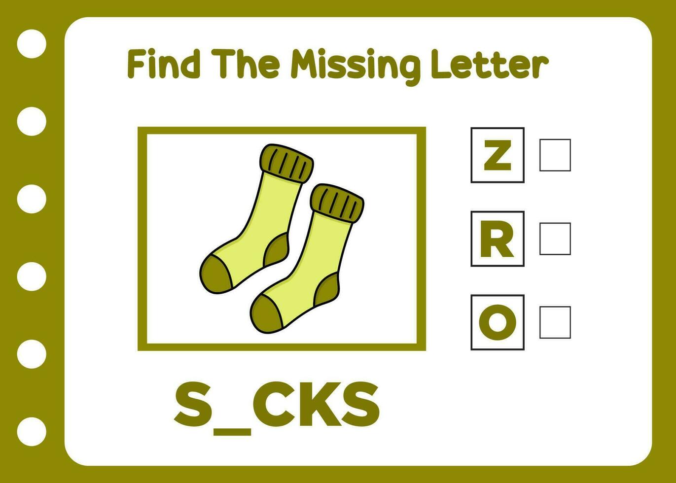 find missing letter of sock. kids puzzle vector