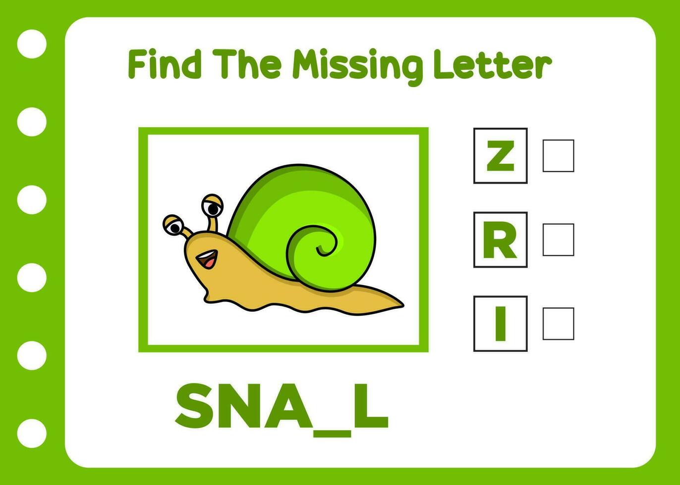 find missing letter cute snail. kids worksheet vector
