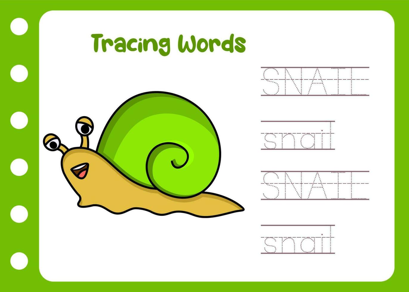 tracing the word cute snail. education game for kids vector
