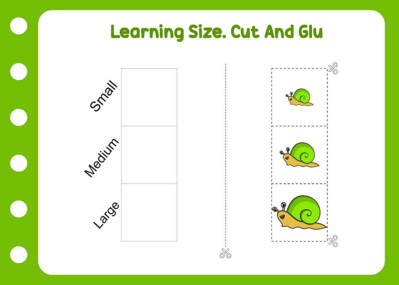 learning size cut and glue snail. cartoon snail. vector