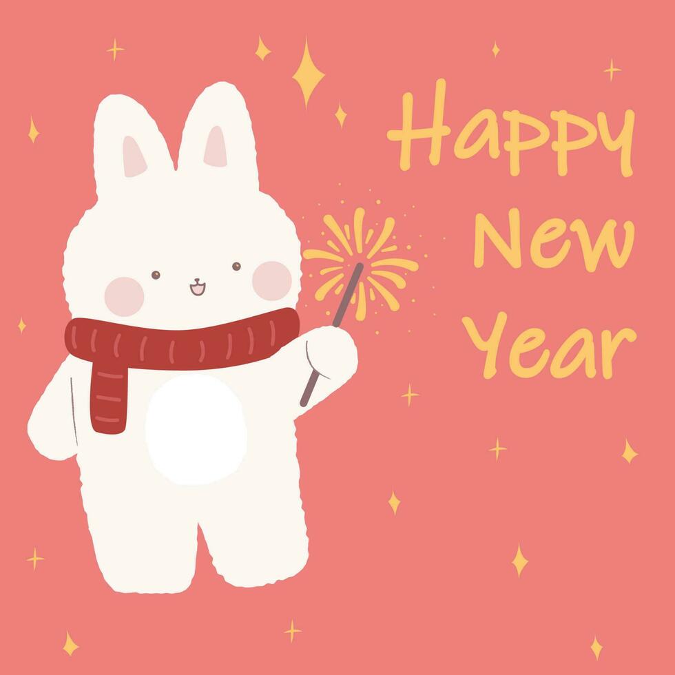 Kawaii Happy new year card. Cute bunny with sparkles. Chinese rabbit.2023. Stock vector illustration
