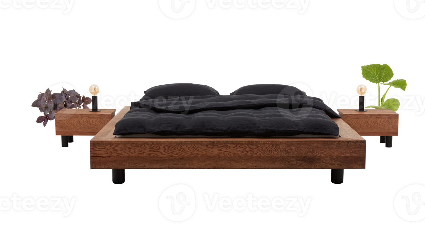 wooden bed with a mattress and an empty wooden table isolated transparent background png