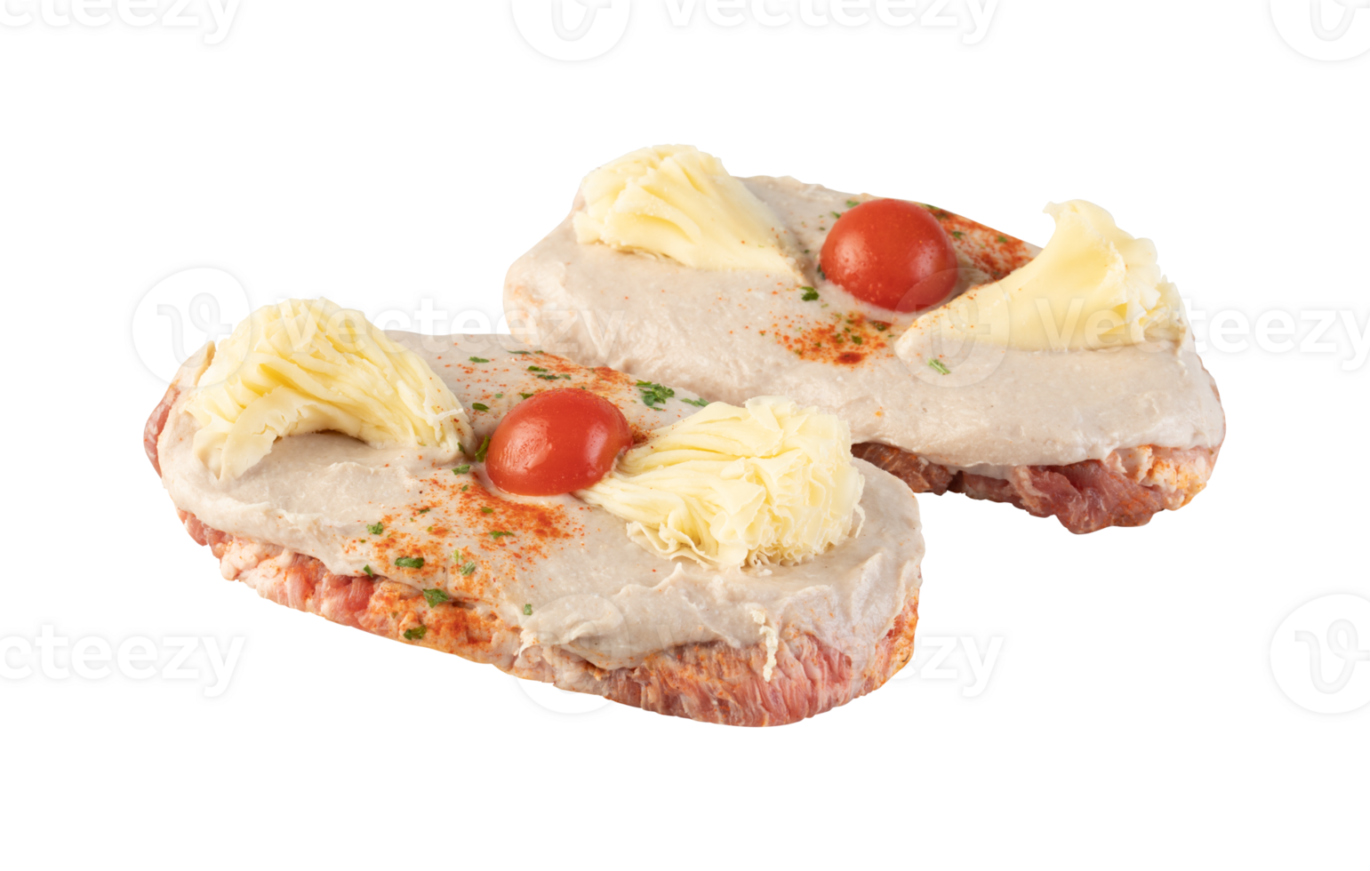 Fresh pork, cut into pieces, steak ready to be grilled with cut out isolated on transparent background png
