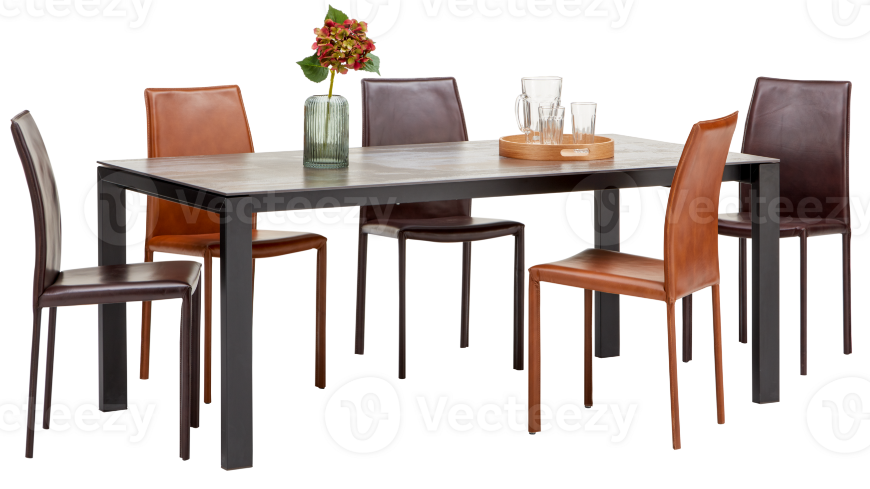 Dining Table Is Surrounded By Chairs There Is A Vase Of Flowers A dining-table-is-surrounded-by-chairs-there-is-a-vase-of-flowers-a