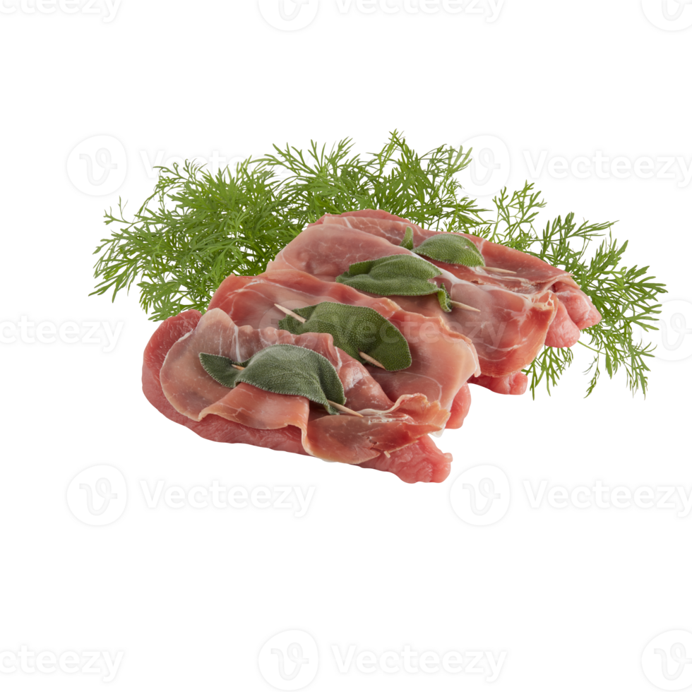 Fresh bacon pork with salvia tarragon sliced thinly arranged isolated transparent background png