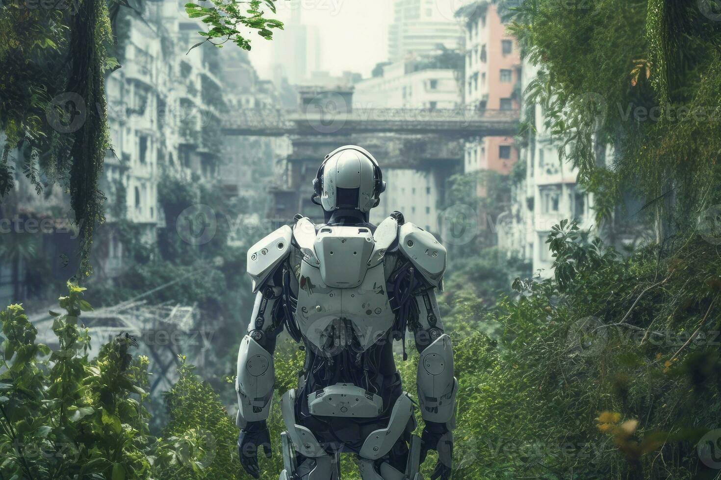 Robot in abandoned city. Generate Ai photo