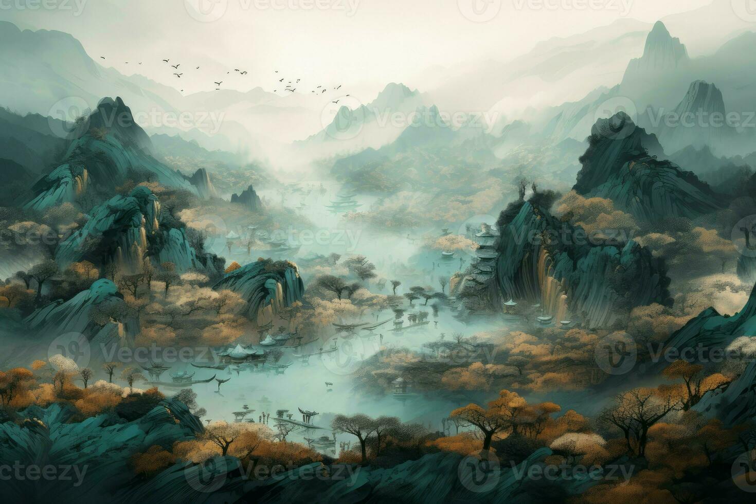 Chinese landscape fog. Generate Ai photo