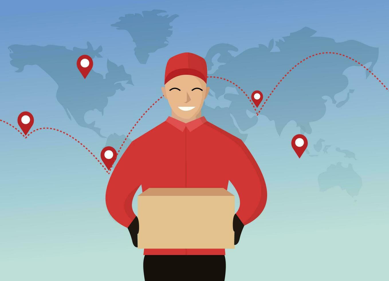 Courier Carrying Packages sent around the world vector illustration, global logistics, delivery man