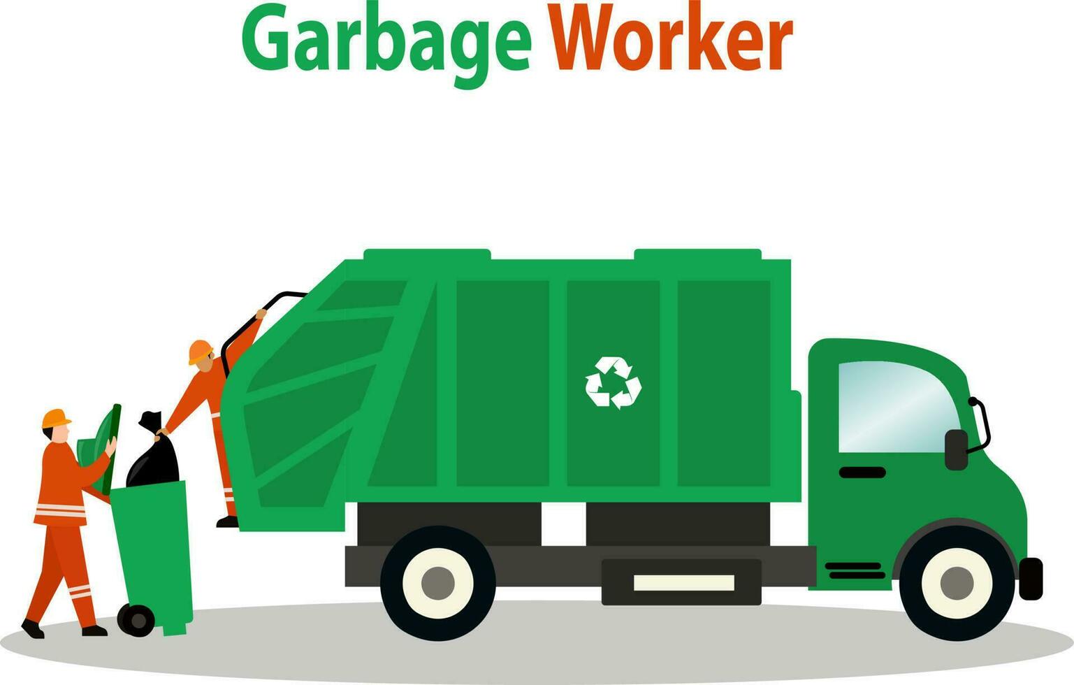 garbage worker push dumpster to the garbage truck illustration, garbage truck and sanitation worker vector illustration, trash bin, environmental cleaners